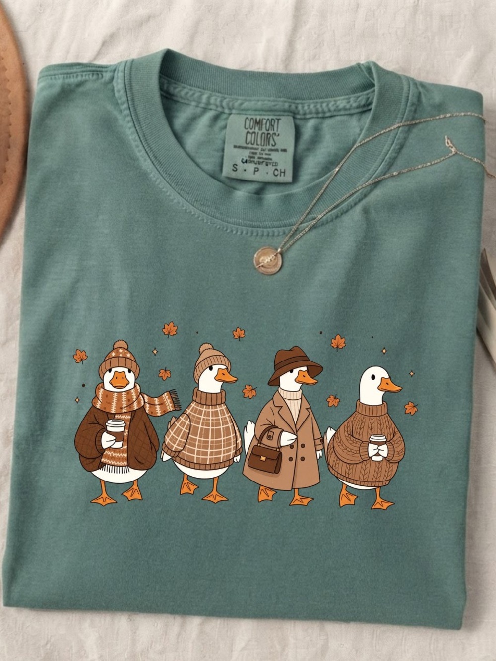 Cute Fall Ducks Drinking Coffee Autumn Vibes Comfort Color T-Shirt